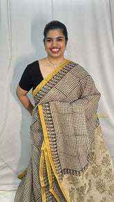 Vriksham Black And White Checks Yellow Border Kota Cotton Saree-VS4460